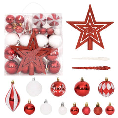 64-piece set of red and white shatterproof Christmas baubles with star tree topper and storage box