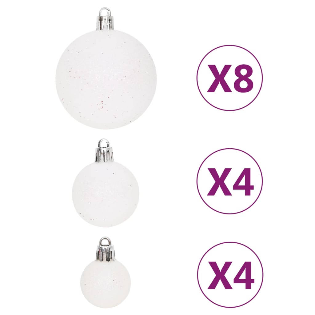 Set of 64 red and white shatterproof Christmas baubles in four sizes.