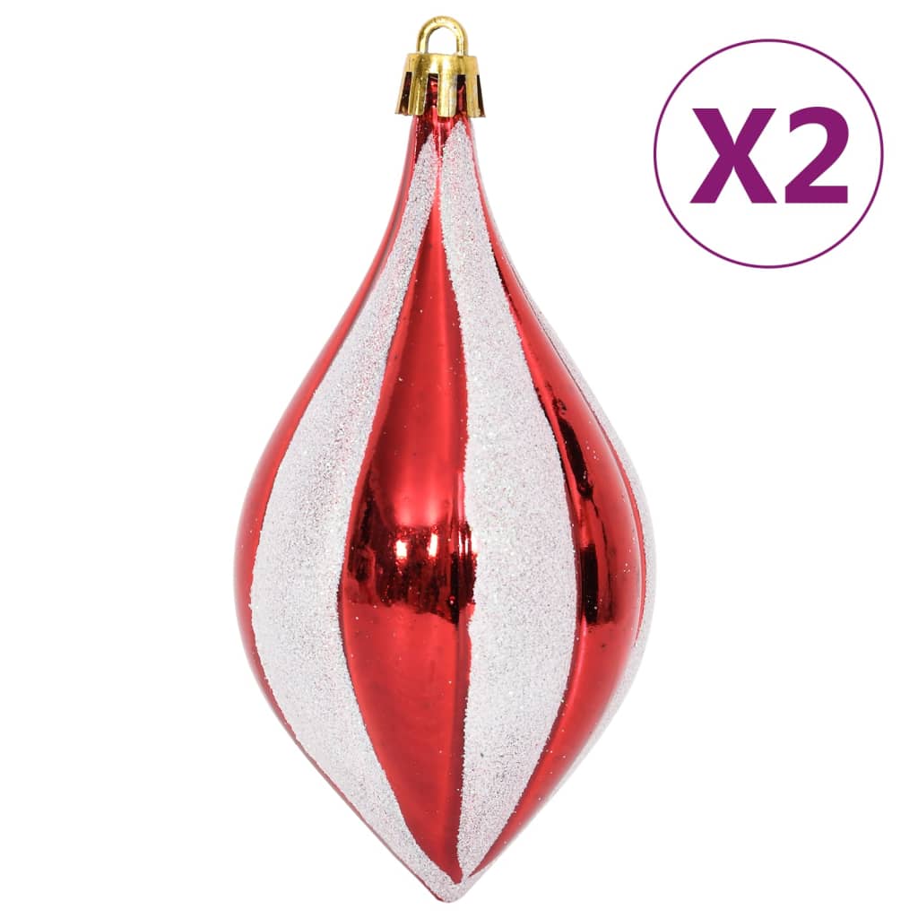 Set of 64 red and white shatterproof Christmas baubles in various shapes and sizes.