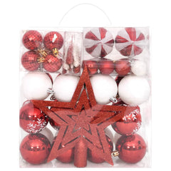 A 64-piece shatterproof Christmas ornament set in red and white, including baubles and a star topper, packaged in a clear box.