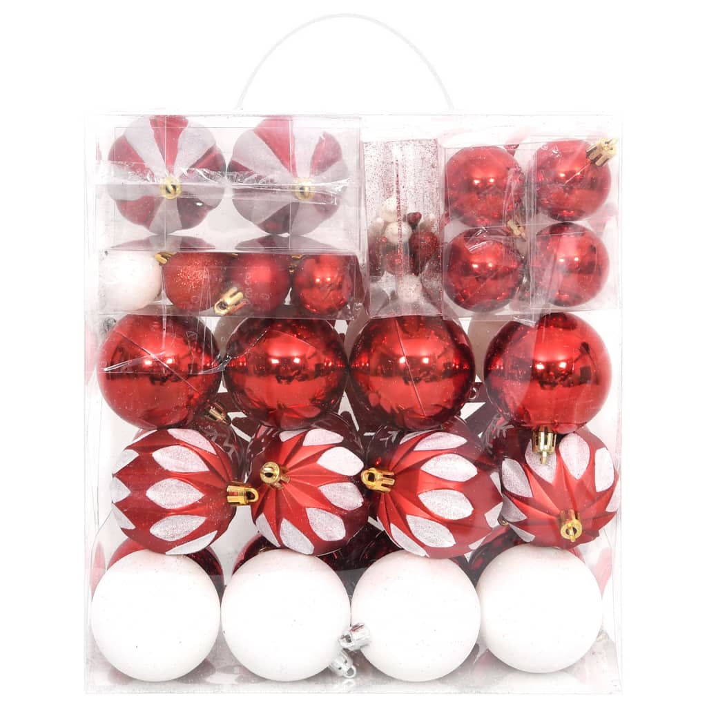 64-piece red and white shatterproof Christmas bauble set in a clear storage box.