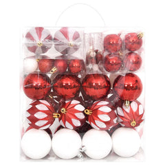 64-piece red and white shatterproof Christmas bauble set in a clear storage box.