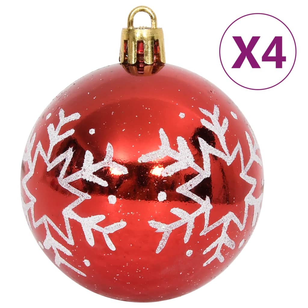 Red shatterproof Christmas bauble with white snowflake design and gold hanger.