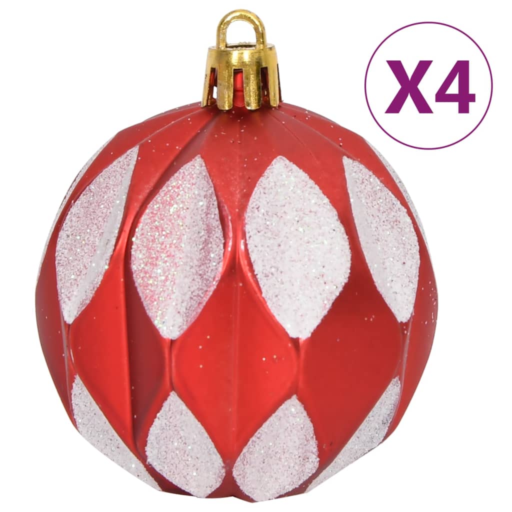 Red and white shatterproof Christmas bauble with geometric pattern, sold in set of 4.