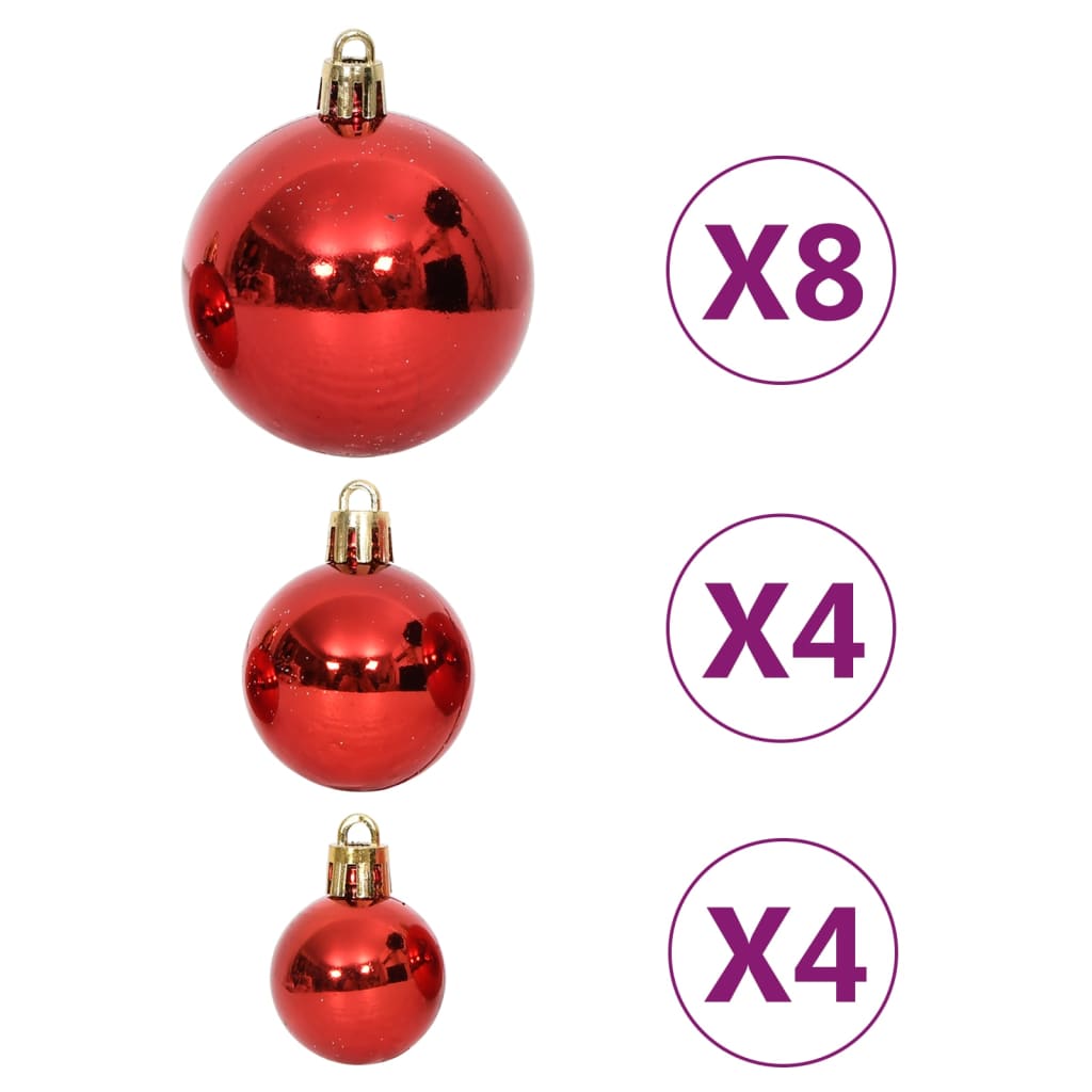 Set of 64 red and white shatterproof Christmas baubles in various sizes and shapes.
