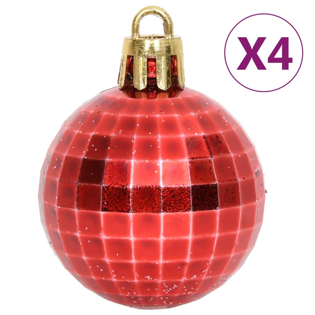 Set of 64 red and white shatterproof Christmas baubles in various shapes and sizes.