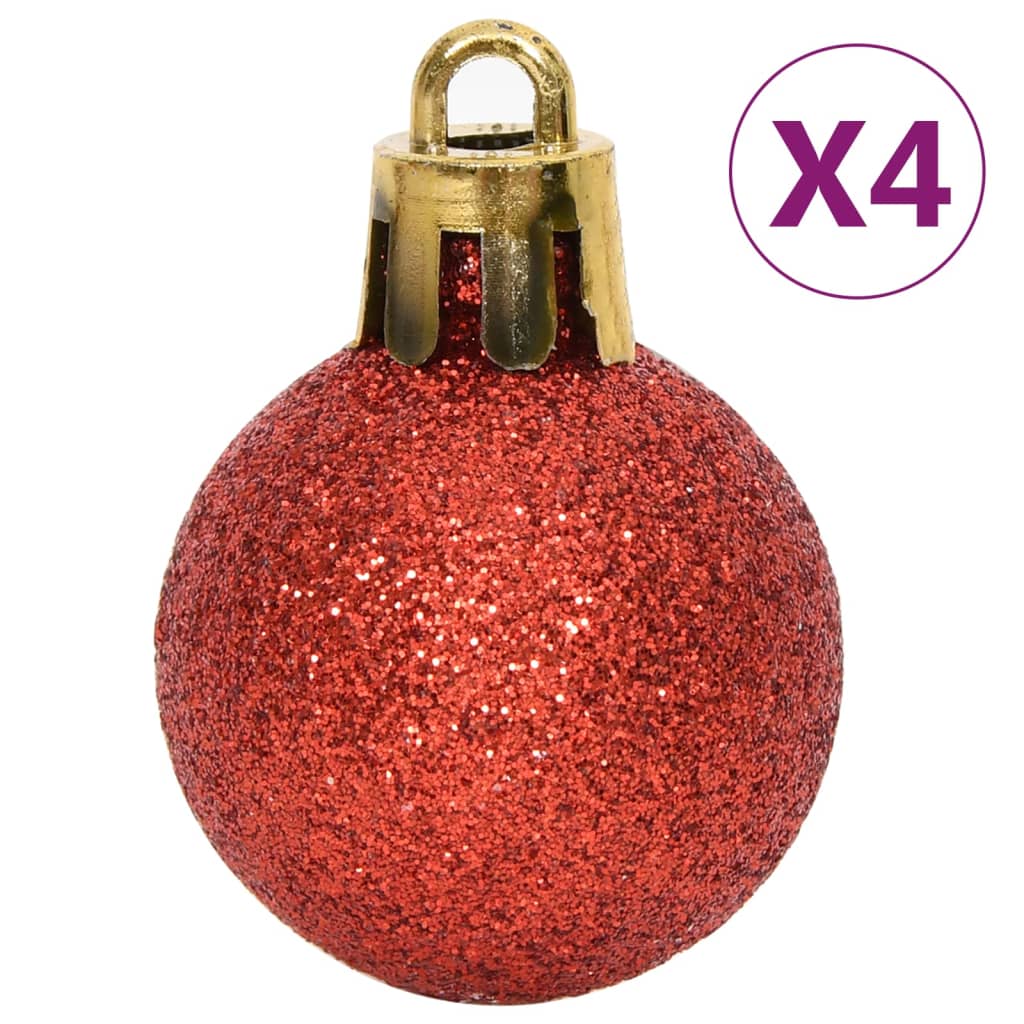 A set of four red glittery shatterproof Christmas bauble ornaments with gold tops.