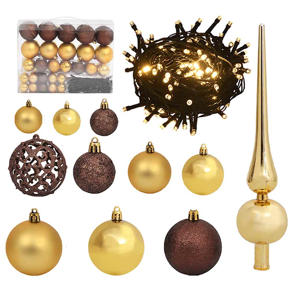61-piece gold and bronze Christmas ball set with tree topper and 150 LED string lights.