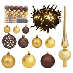 61-piece gold and bronze Christmas ball set with tree topper and 150 LED string lights.