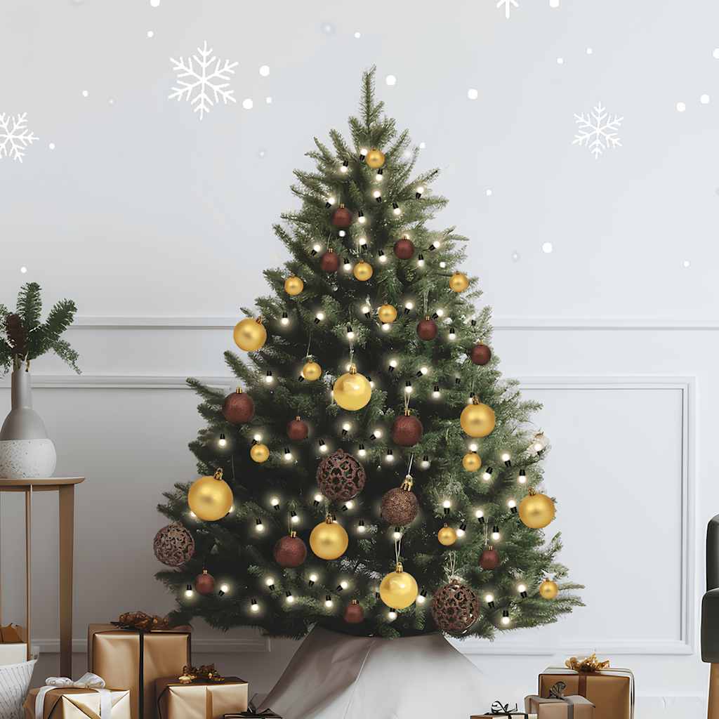 Christmas tree decorated with gold and bronze balls and warm white LED lights