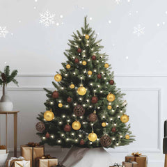 Christmas tree decorated with gold and bronze balls and warm white LED lights