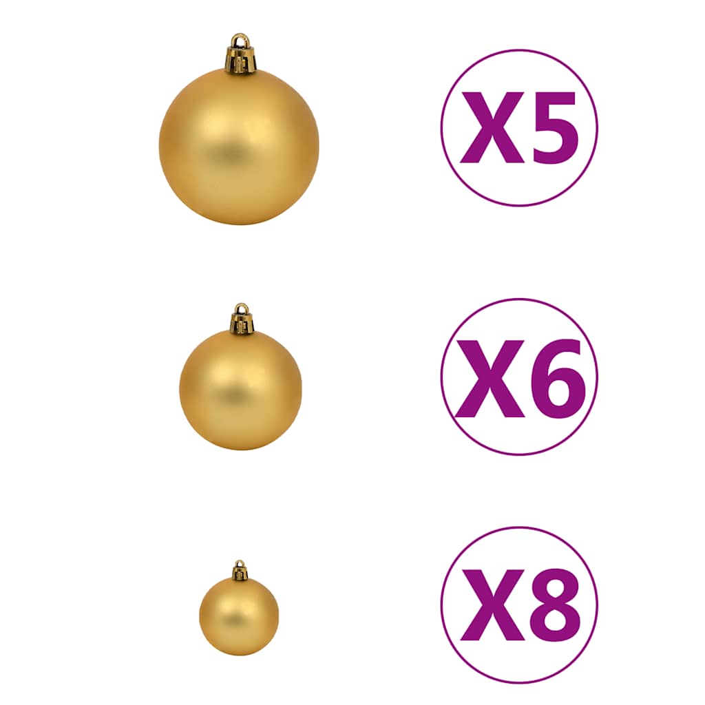 Three gold Christmas ball ornaments in varying sizes with quantities x5, x6, and x8.