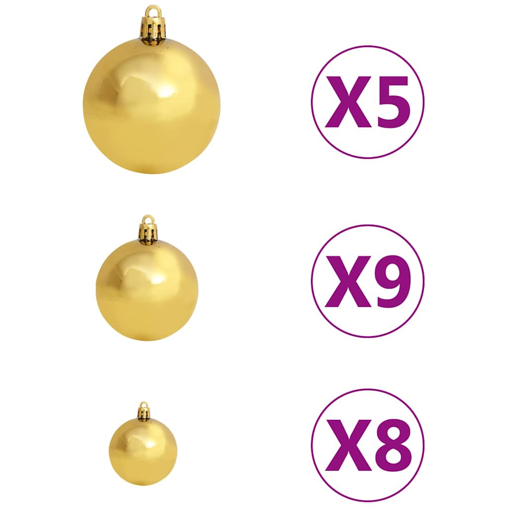 Set of gold Christmas balls in three sizes with quantities x5, x9, and x8.