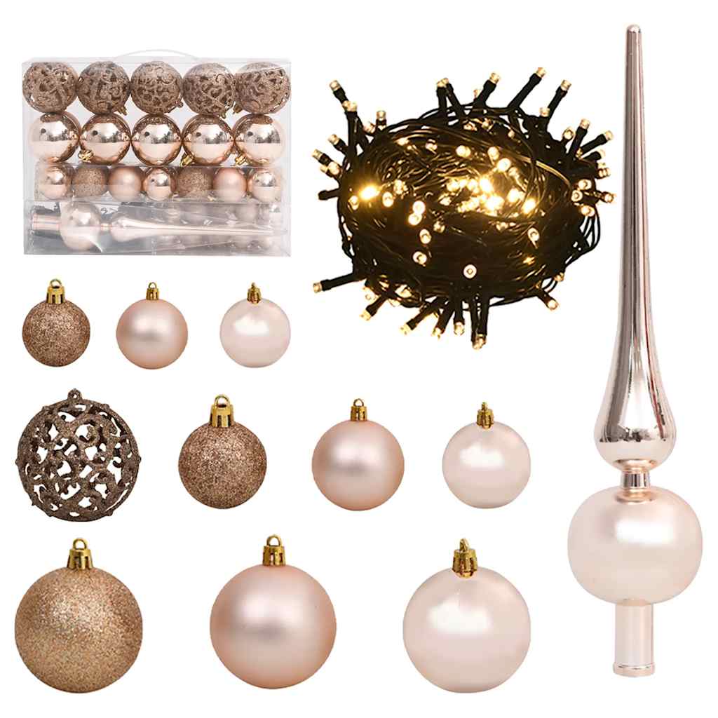 61-piece rose gold Christmas ball set with peak topper and 150 LED string lights.