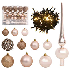 61-piece rose gold Christmas ball set with peak topper and 150 LED string lights.
