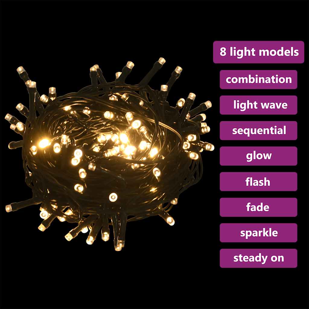 LED string lights in 8 modes: combination, twinkle, wave, sequential, glow, flash, fade, and steady on.