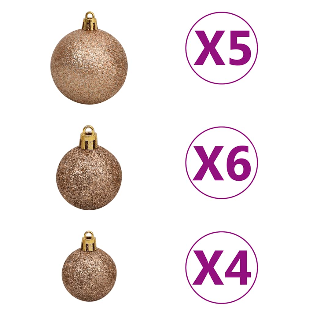 Set of rose gold Christmas balls in shiny, matte, and glitter finishes with tree topper and LEDs.