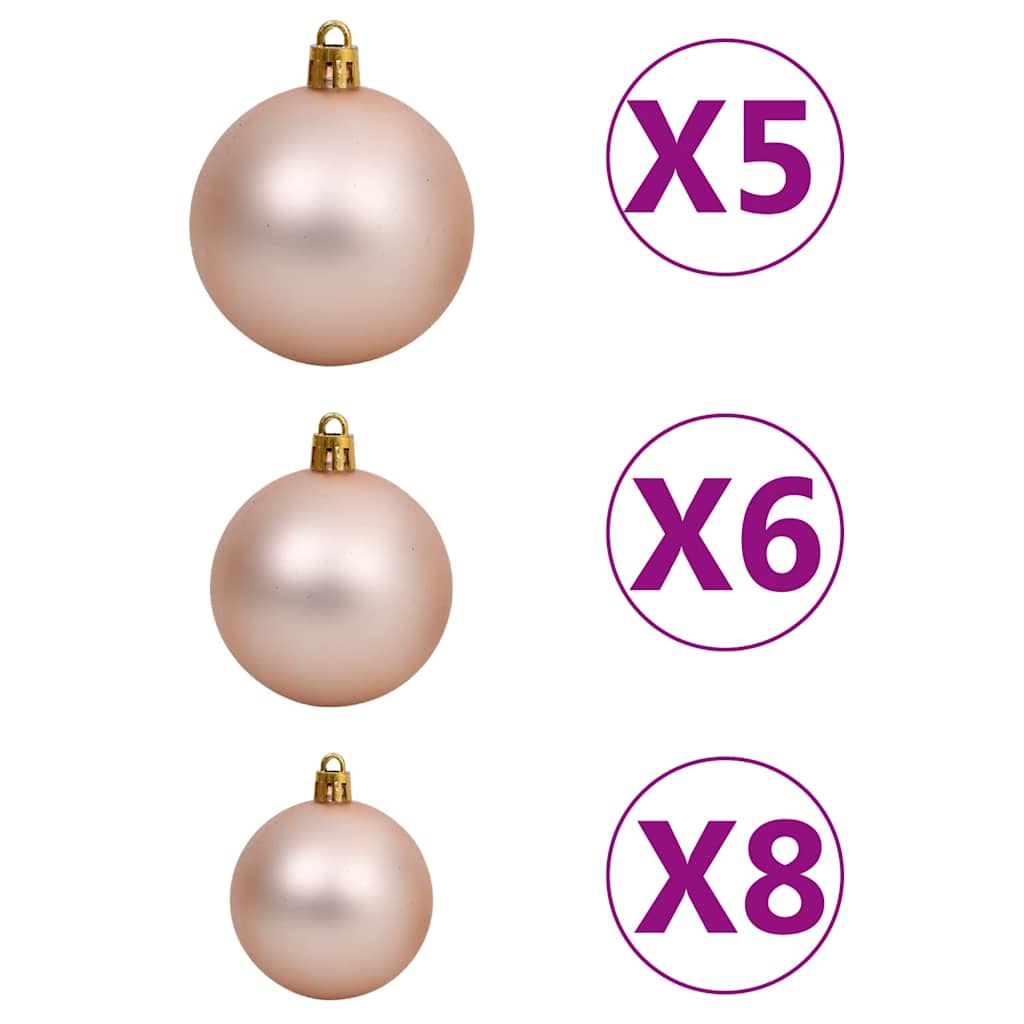 Three rose gold Christmas balls in sizes x5, x6, and x8 with gold hooks.