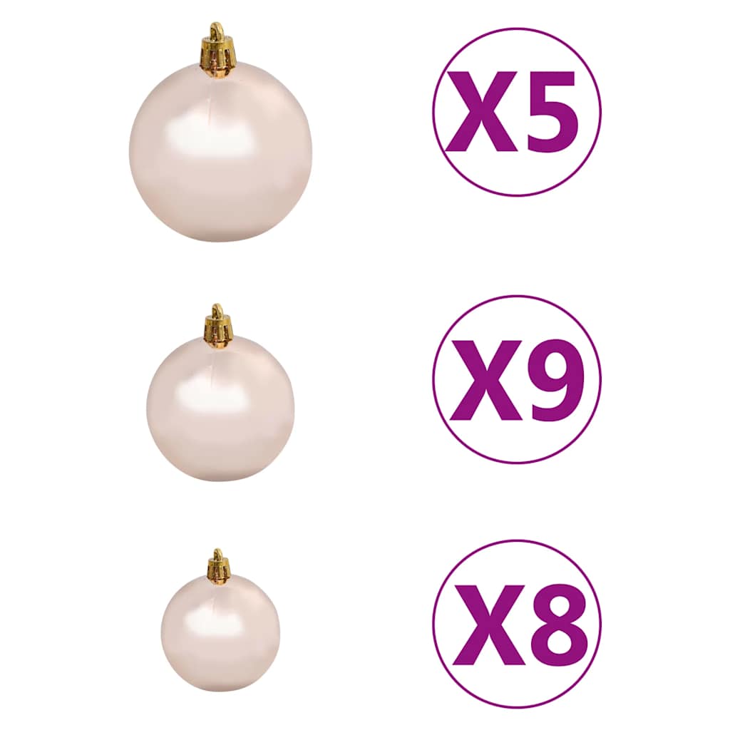Three rose gold Christmas ornaments in sizes 1.2in, 1.6in, and 2.4in with gold hooks.