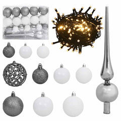 61-piece white and gray Christmas ball set with shatterproof ornaments, tree-topper peak, and 150 LED string lights.