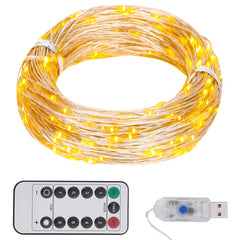A coiled 49.2ft USB copper wire string light with 150 warm white LEDs and a remote control.
