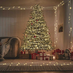 Cozy room decorated with a Christmas tree and warm white LED string lights draped around.