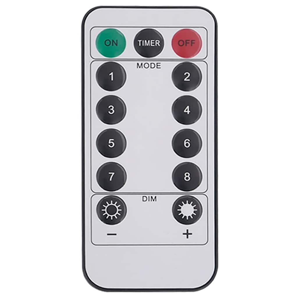 White remote control for LED string lights with on/off, timer, mode, dim, and number buttons.