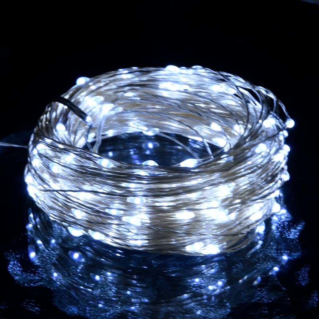 A coiled 49.2ft copper wire string light with 150 cold white LEDs and remote control.