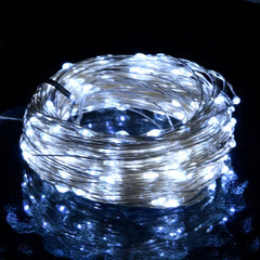 A coiled 49.2ft copper wire string light with 150 cold white LEDs and remote control.