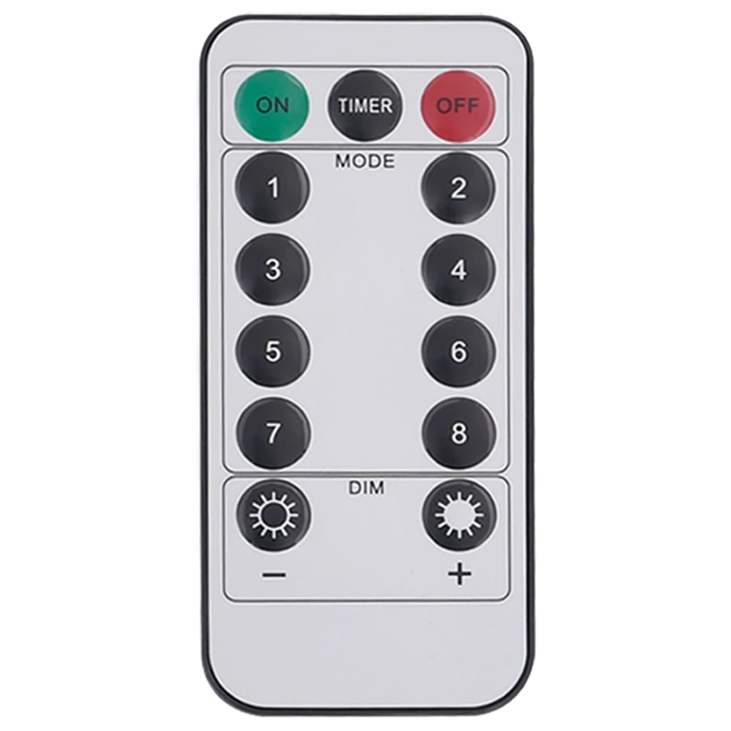 White remote control for LED string lights with on/off buttons, timer, 8 modes, dimmer, and numeric keys.