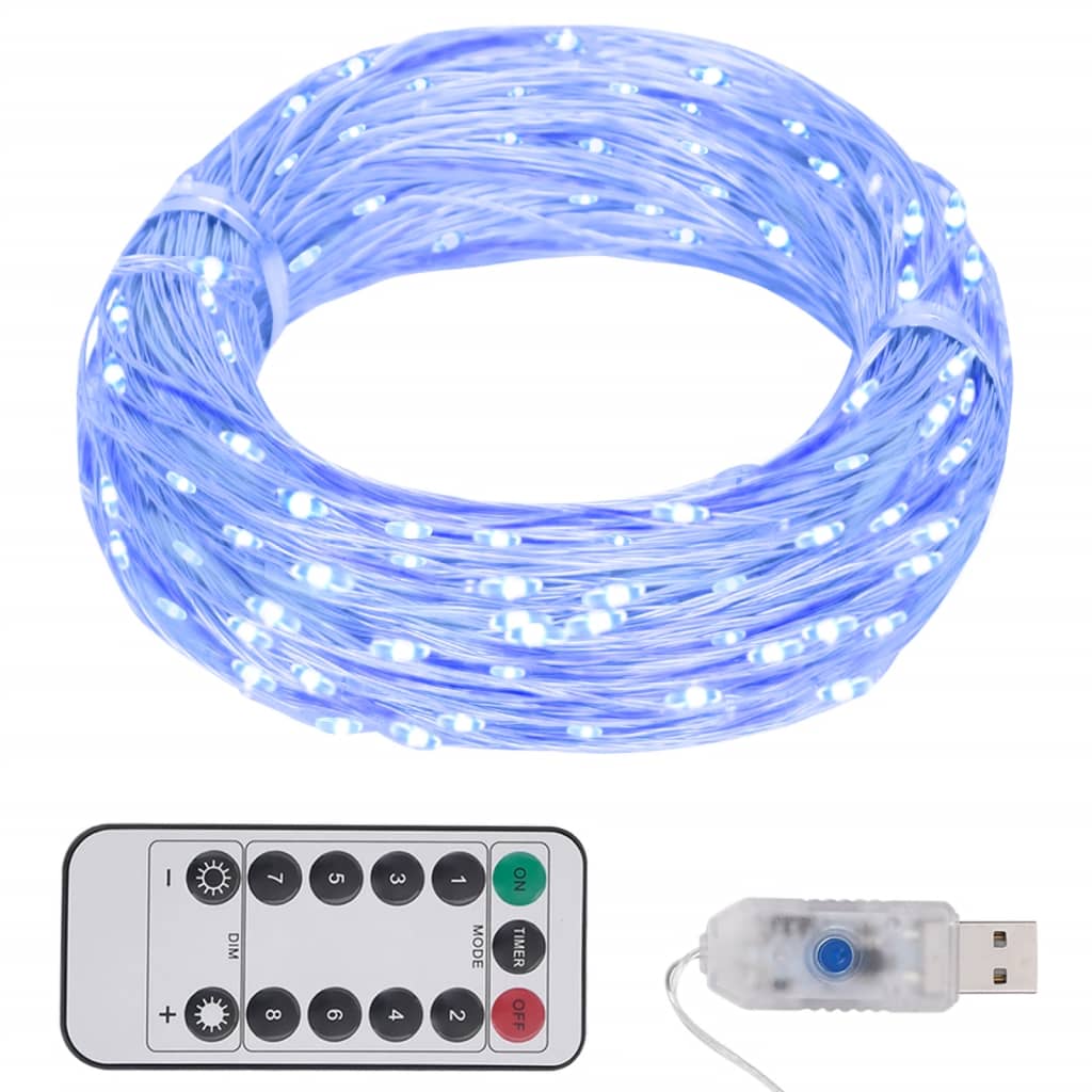 Blue LED string lights with 150 LEDs on 49.2ft copper wire, USB plug, and remote.