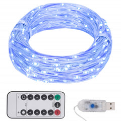 Blue LED string lights with 150 LEDs on 49.2ft copper wire, USB plug, and remote.