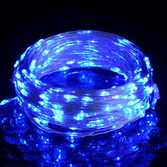 Coiled blue LED string lights with 150 LEDs on 49.2ft copper wire.