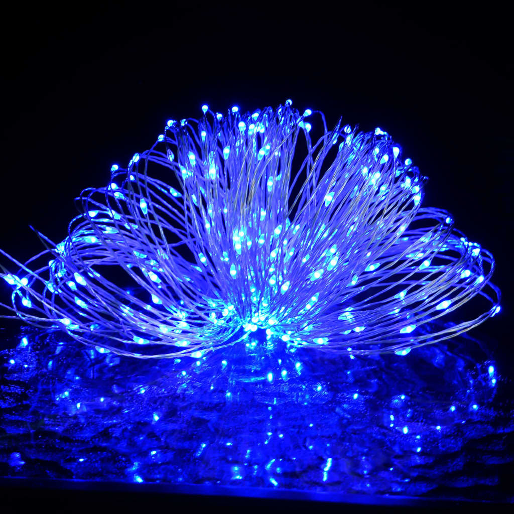 Blue LED string lights with 150 LEDs on 49.2-foot copper wire, glowing brightly.