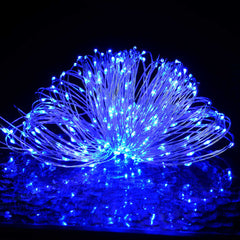 Blue LED string lights with 150 LEDs on 49.2-foot copper wire, glowing brightly.