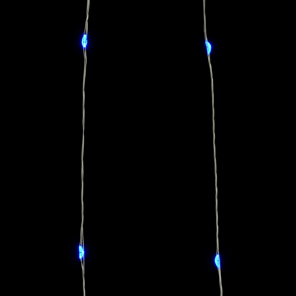Two strands of blue LED string lights with four visible lights each, against a black background.