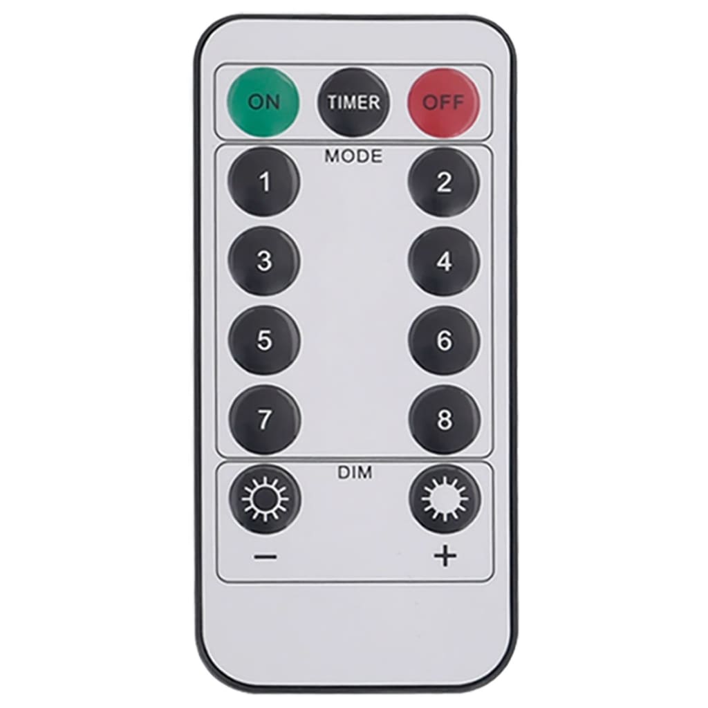 Remote control for Bostome Blue LED String Lights with power, timer, mode, dimmer buttons.