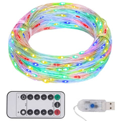 Multicolor LED string lights with a remote control and USB plug.