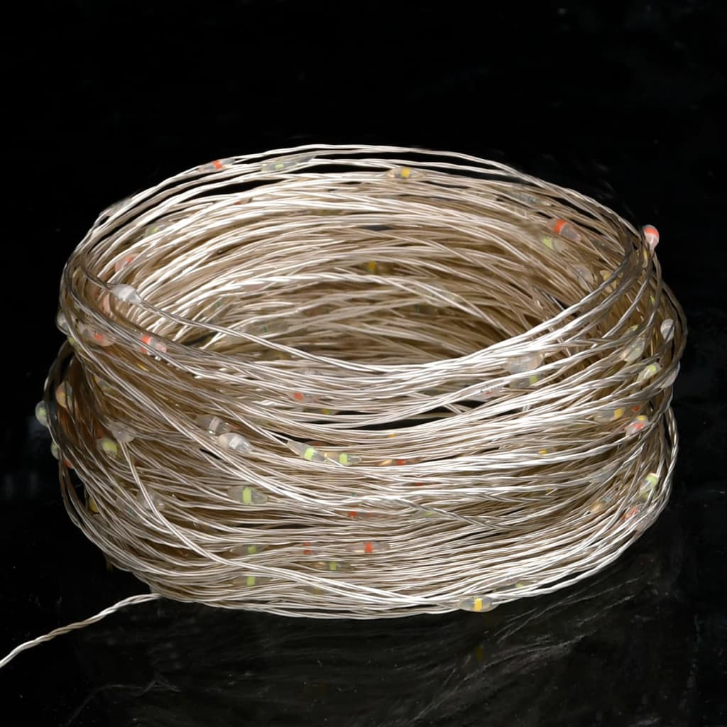 Coiled multicolor LED string lights with 150 LEDs on 49.2ft copper wire.