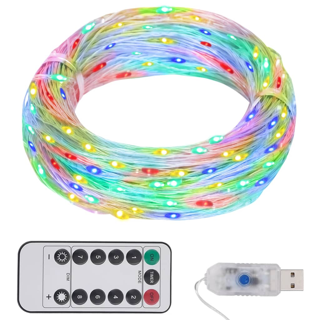 Coiled multicolor LED string lights with 300 LEDs on copper wire, USB adapter, and remote control.