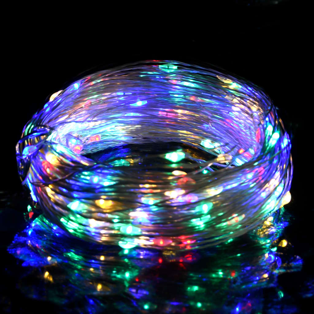 Multicolor LED string lights with 300 LEDs on 98.4ft copper wire, glowing in various colors.