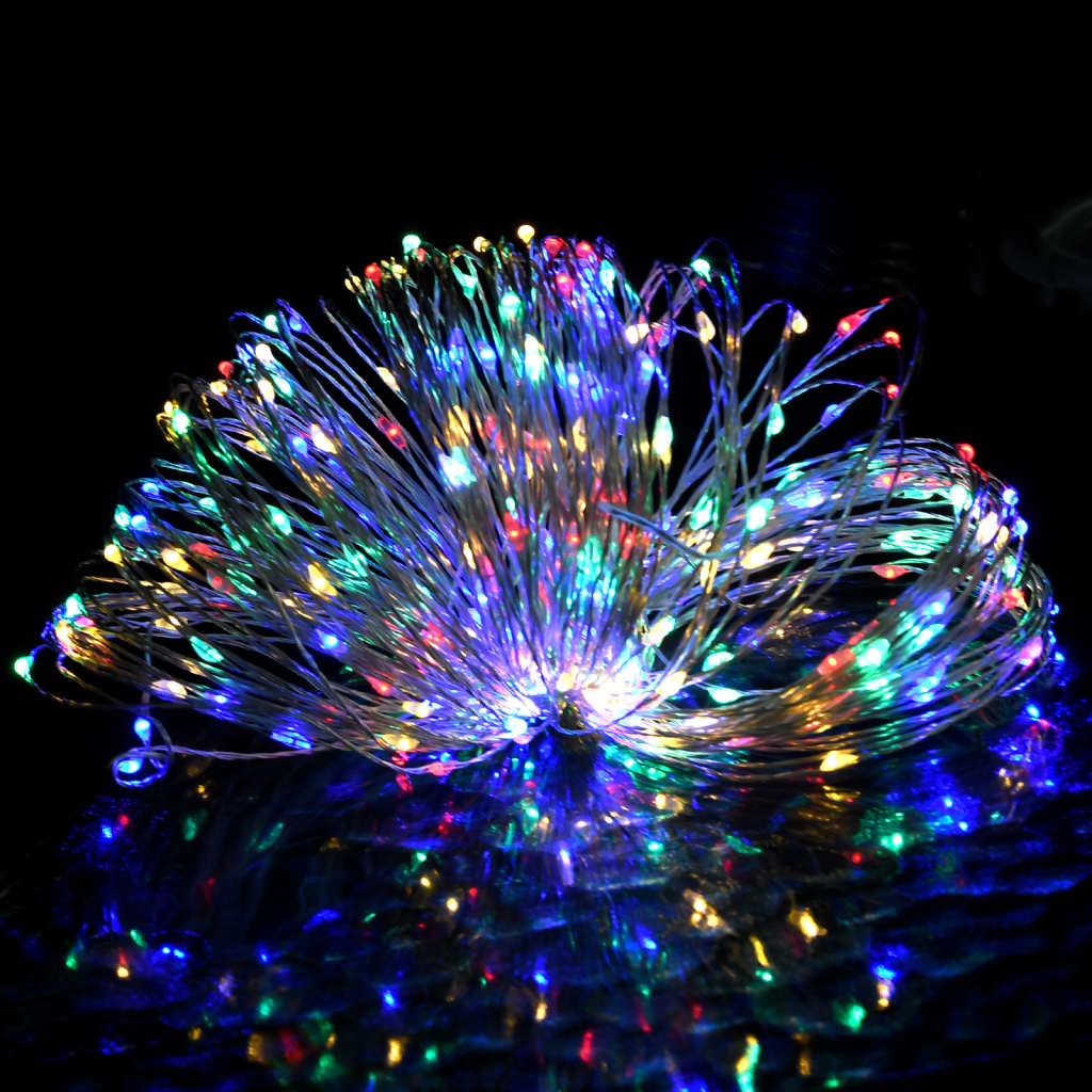 Multicolor LED string lights with 300 LEDs on 98.4-foot copper wire, showing a fan-like display of glowing strands.