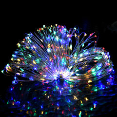 Multicolor LED string lights with 300 LEDs on 98.4-foot copper wire, showing a fan-like display of glowing strands.