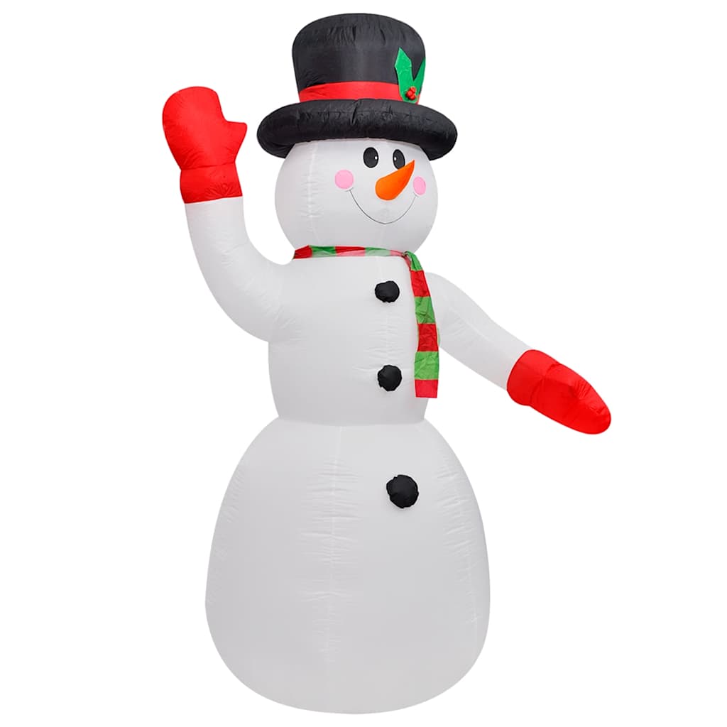 An 8 ft inflatable snowman with multicolor LED lights, waving arm, top hat, and scarf.