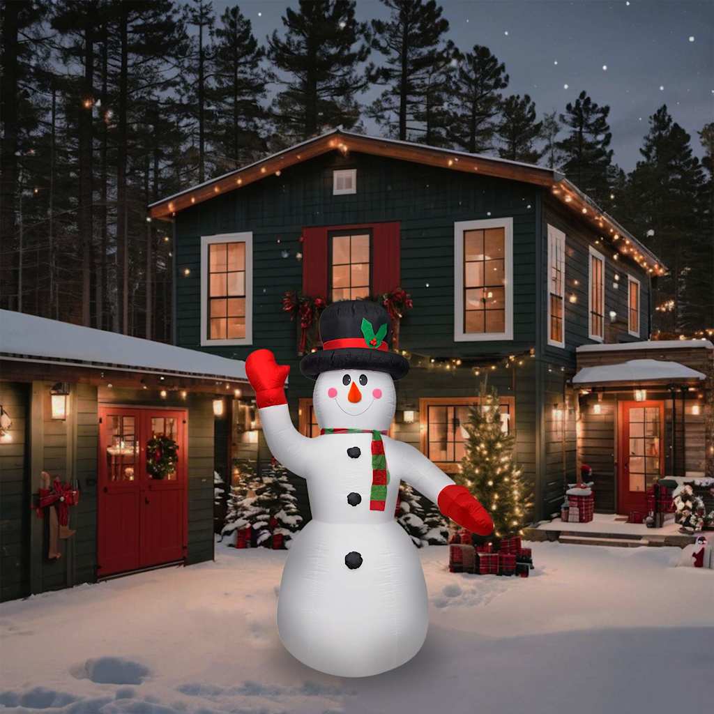An 8 ft inflatable illuminated snowman with multicolor LEDs, waving in a snowy outdoor scene.