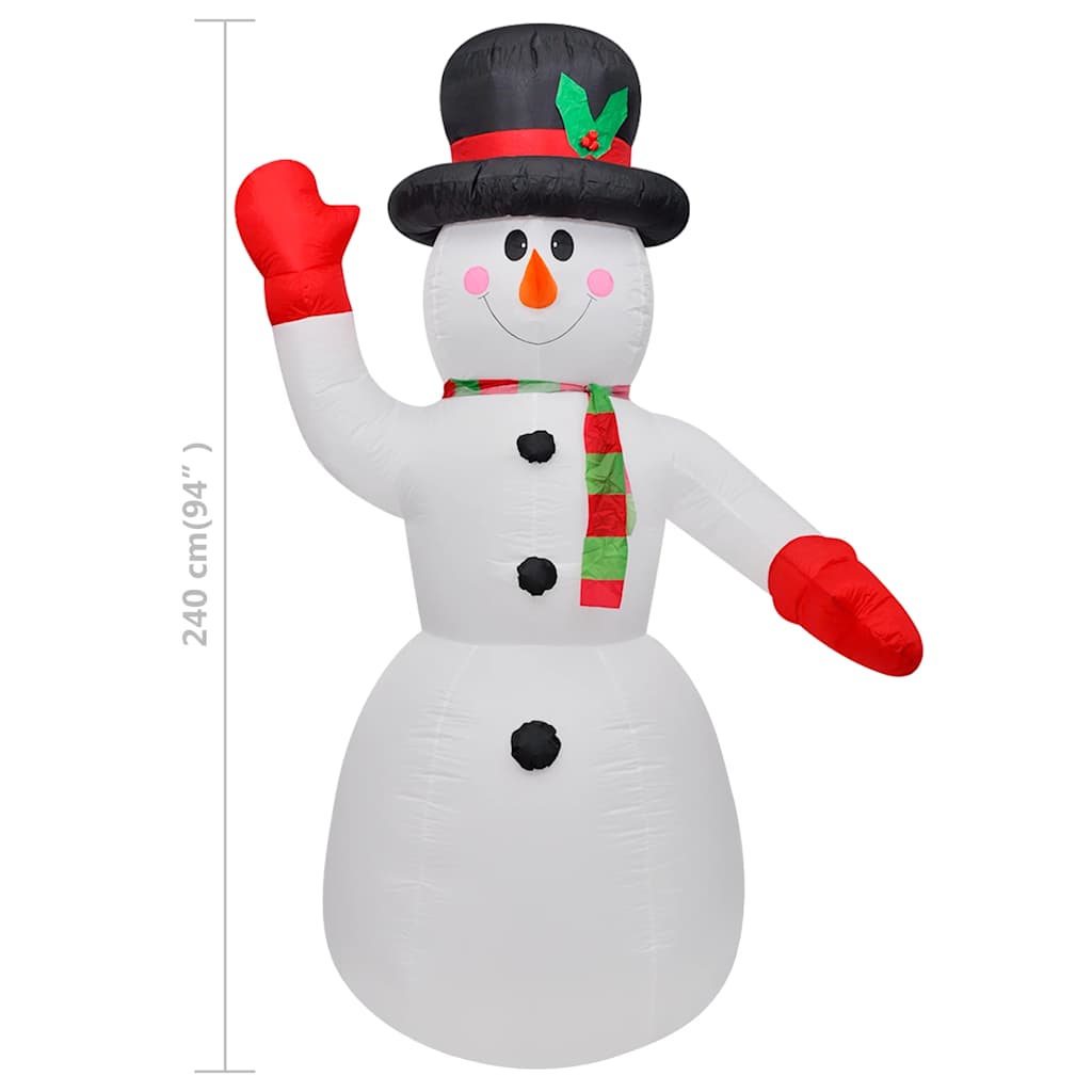 An 8 ft inflatable snowman with multicolor LED lights, waving arms, red gloves, green scarf, and black top hat.