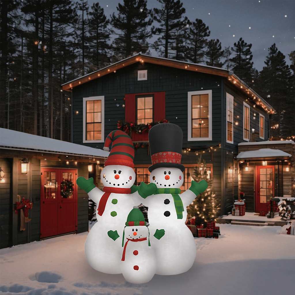 Eight-foot inflatable snowmen family with LED multicolor lights and weather-resistant design.