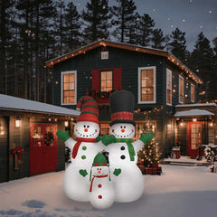 Eight-foot inflatable snowmen family with LED multicolor lights and weather-resistant design.