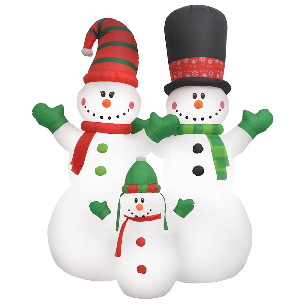 8 ft inflatable snowmen family with LED multicolor lights and holiday hats.
