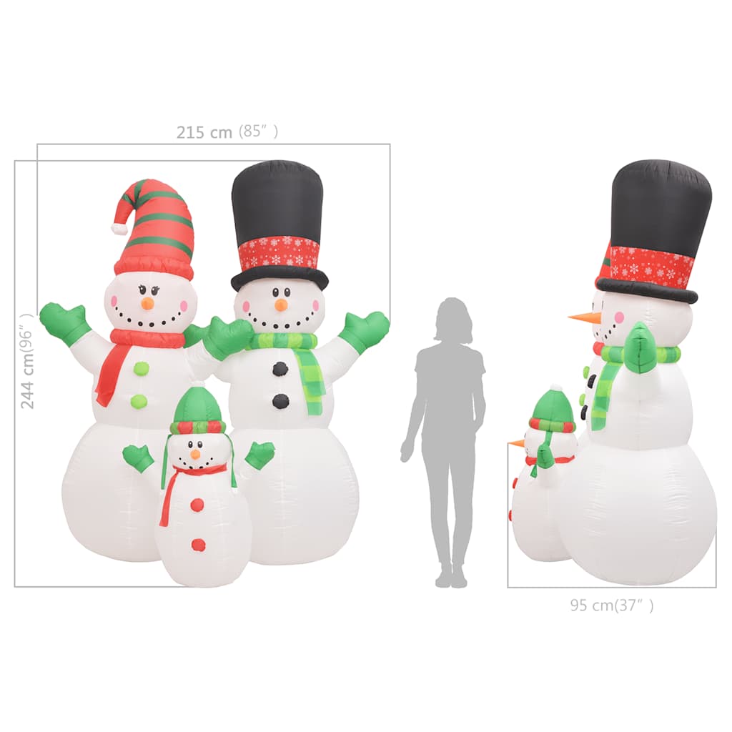 Three inflatable snowmen family with LED multicolor lights and winter hats measuring 8 feet tall.